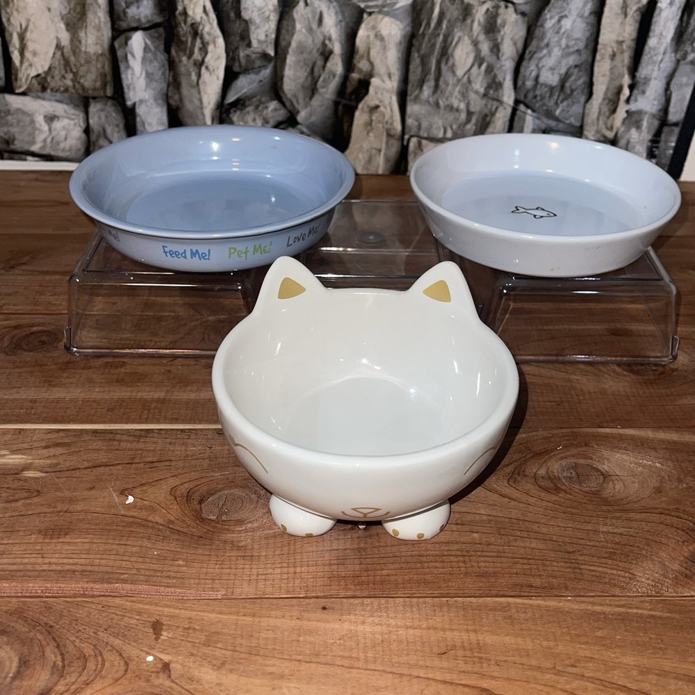 Lot Of 3 Ceramic Cat Feeding Water Bowl Dishes White, Blue Stoneware Kitty